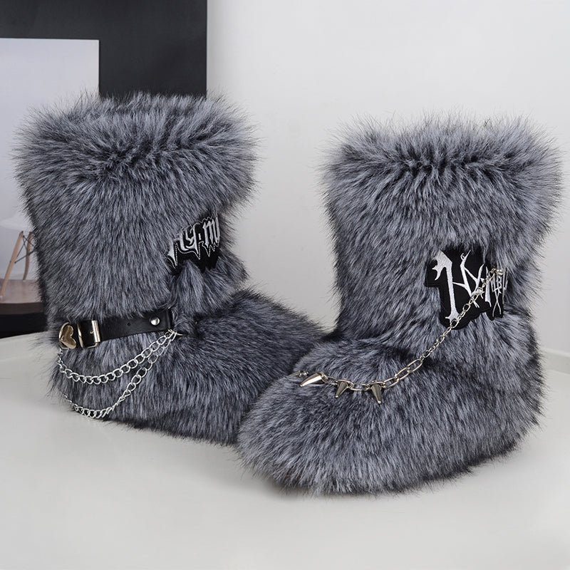 Y2K Fur Boots with Wrap Straps and Chains for Women