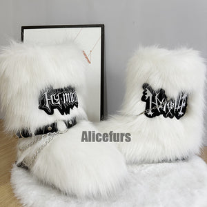 y2k fur boots with wrap straps and chains for women in white 1 Alicefurs