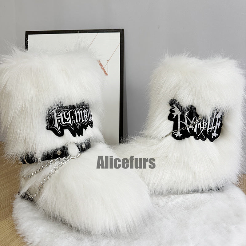 Y2K Fur Boots with Wrap Straps and Chains for Women