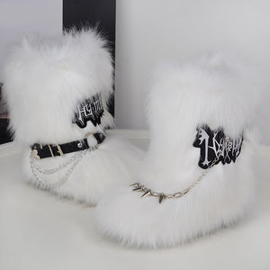 y2k fur boots with wrap straps and chains for women in white Alicefurs
