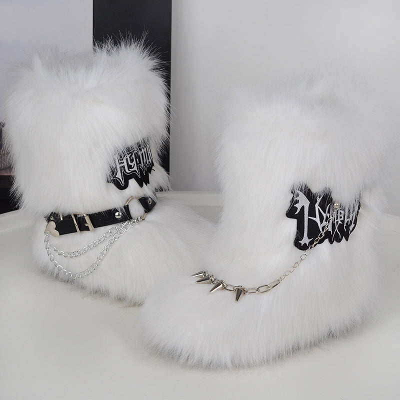 Y2K Fur Boots with Wrap Straps and Chains for Women