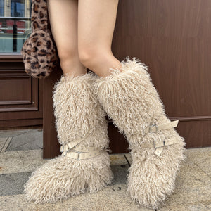 y2k mongolian fur boots knee high shaggy boots for women in beige 1 Alicefurs