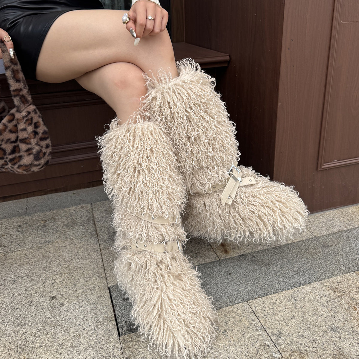 Y2K Mongolian Fur Boots Knee High Shaggy Boots for Women