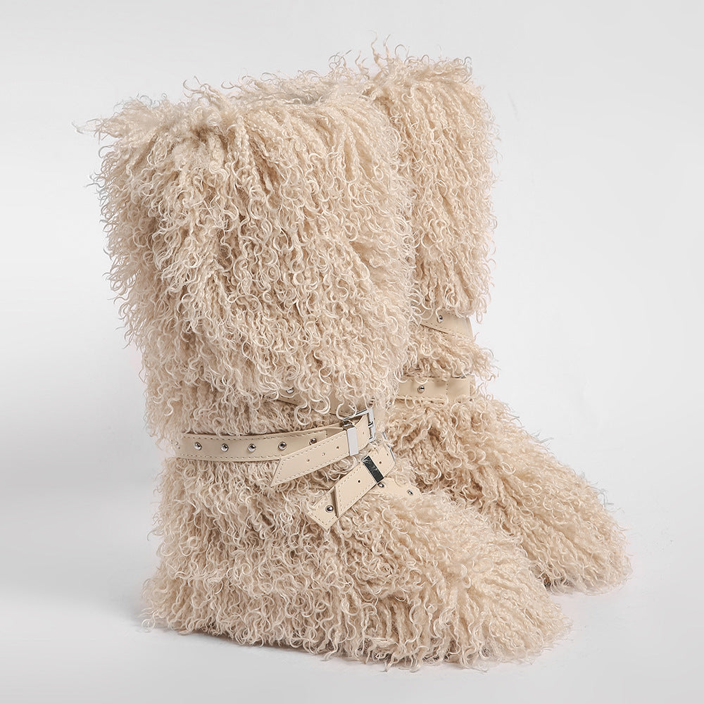 Y2K Mongolian Fur Boots Knee High Shaggy Boots for Women