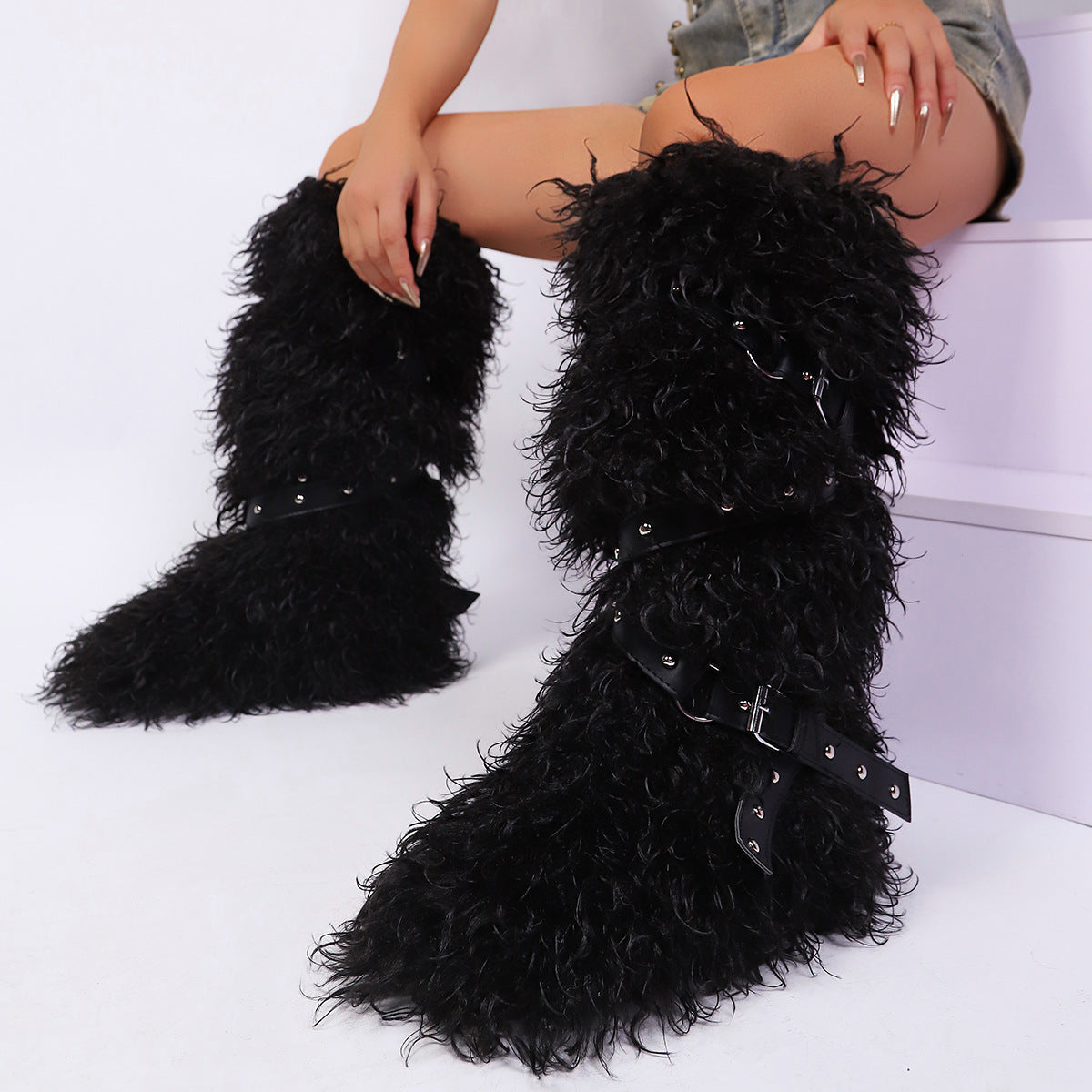 Y2K Mongolian Fur Boots Knee High Shaggy Boots for Women