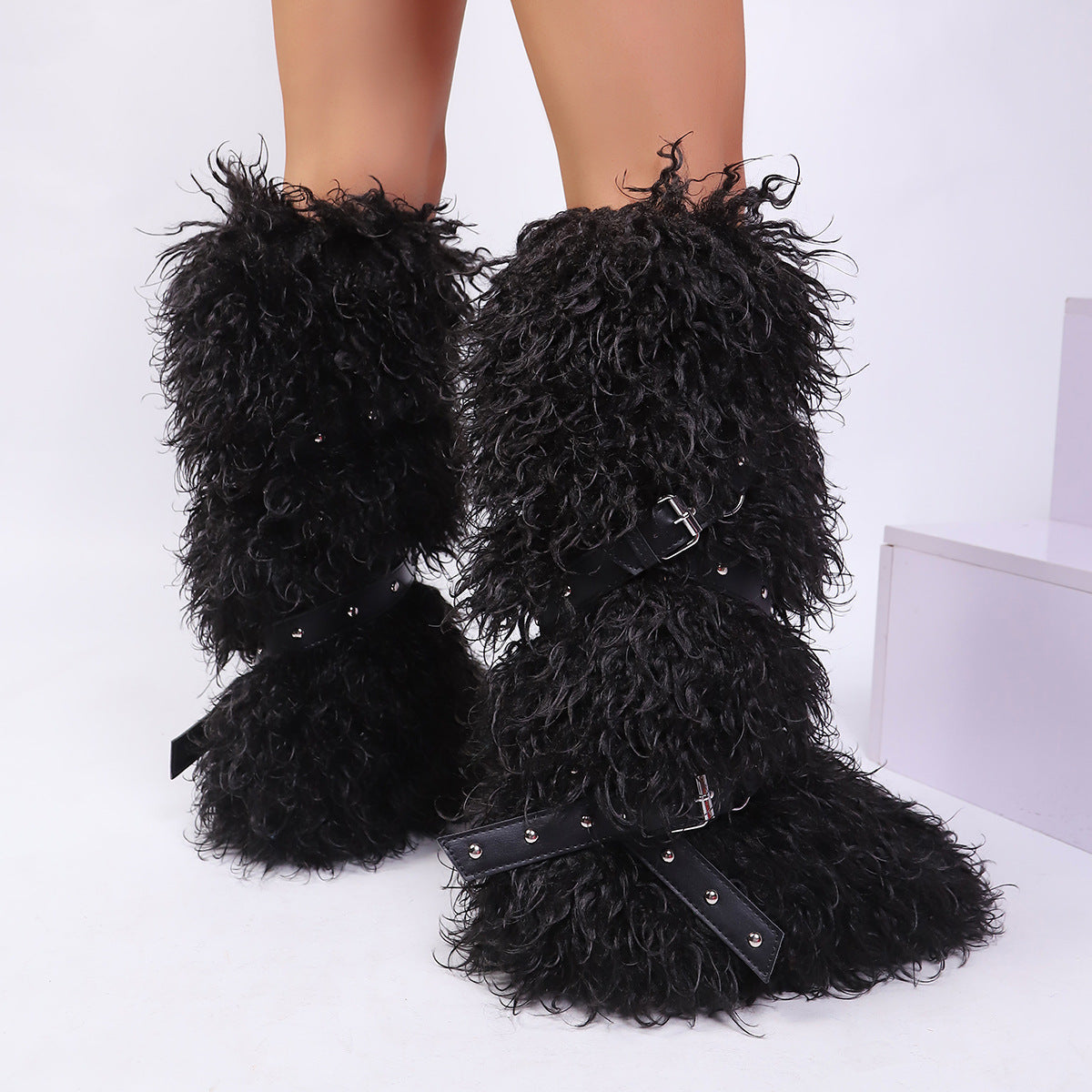 Y2K Mongolian Fur Boots Knee High Shaggy Boots for Women