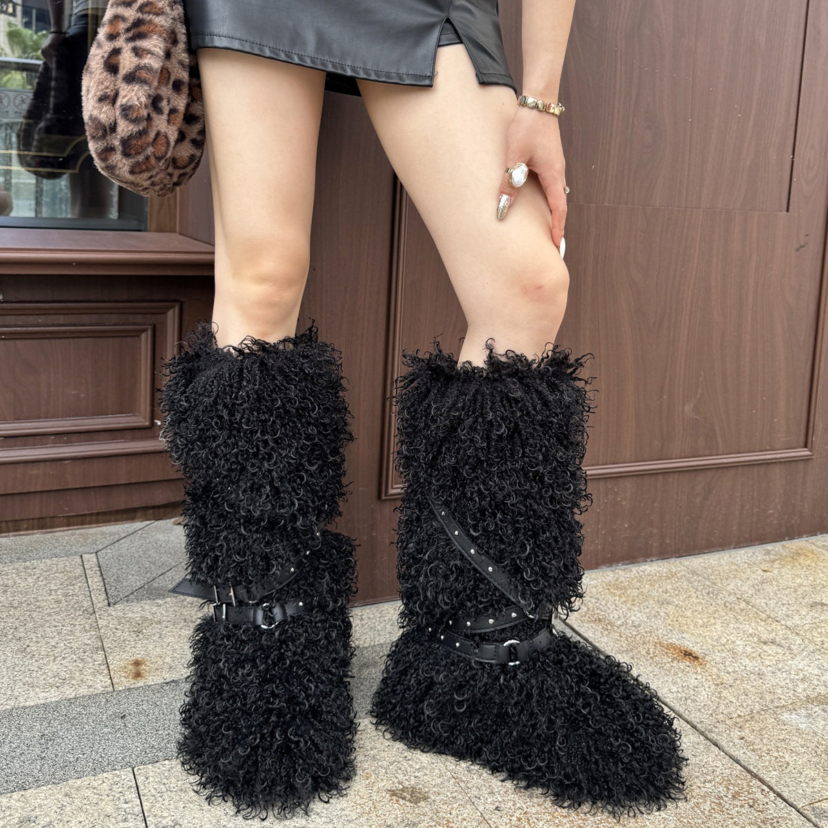 Y2K Mongolian Fur Boots Knee High Shaggy Boots for Women
