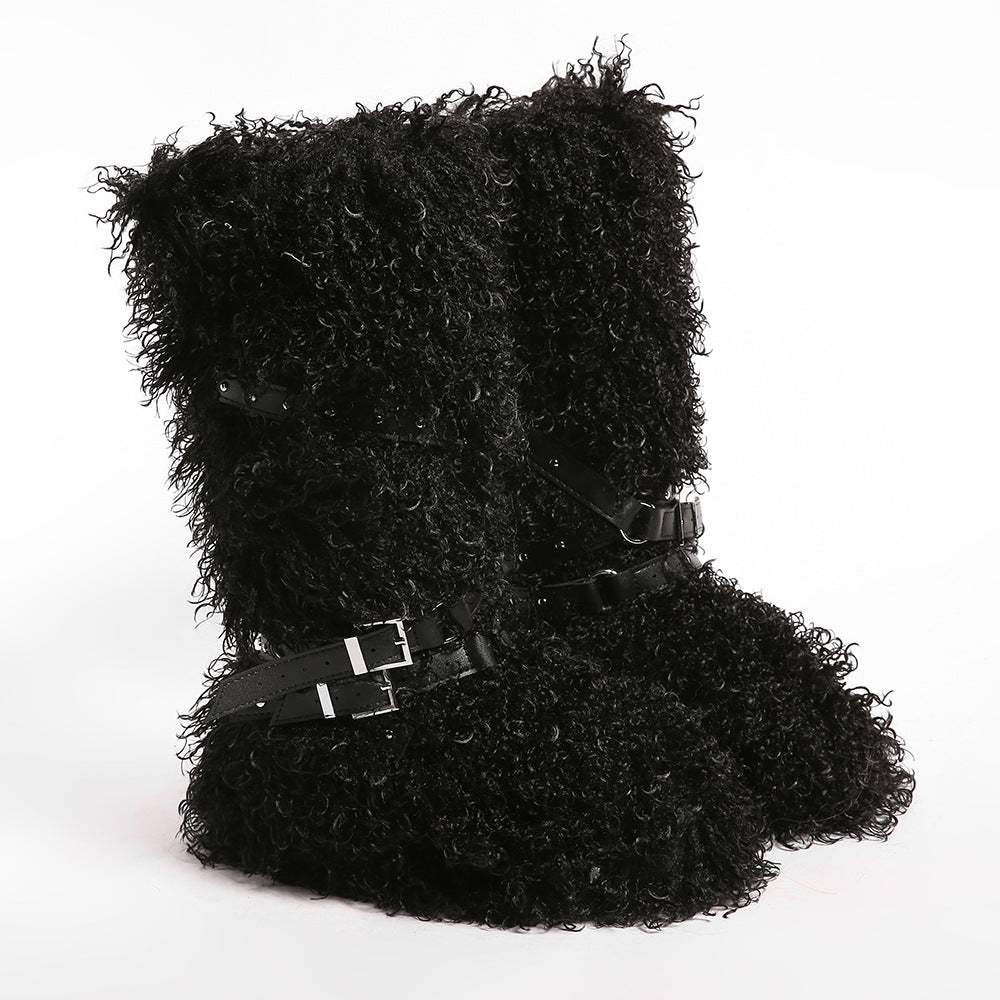 Y2K Mongolian Fur Boots Knee High Shaggy Boots for Women