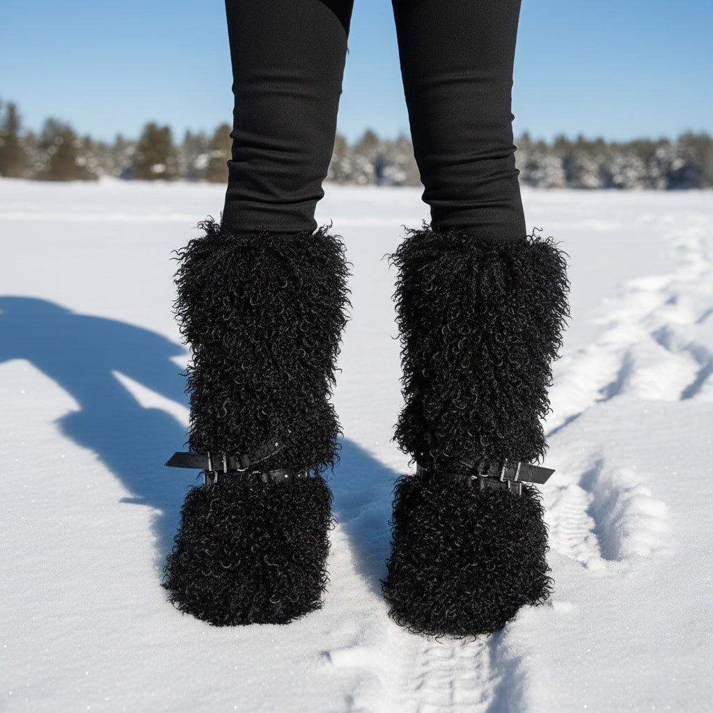 Y2K Mongolian Fur Boots Knee High Shaggy Boots for Women