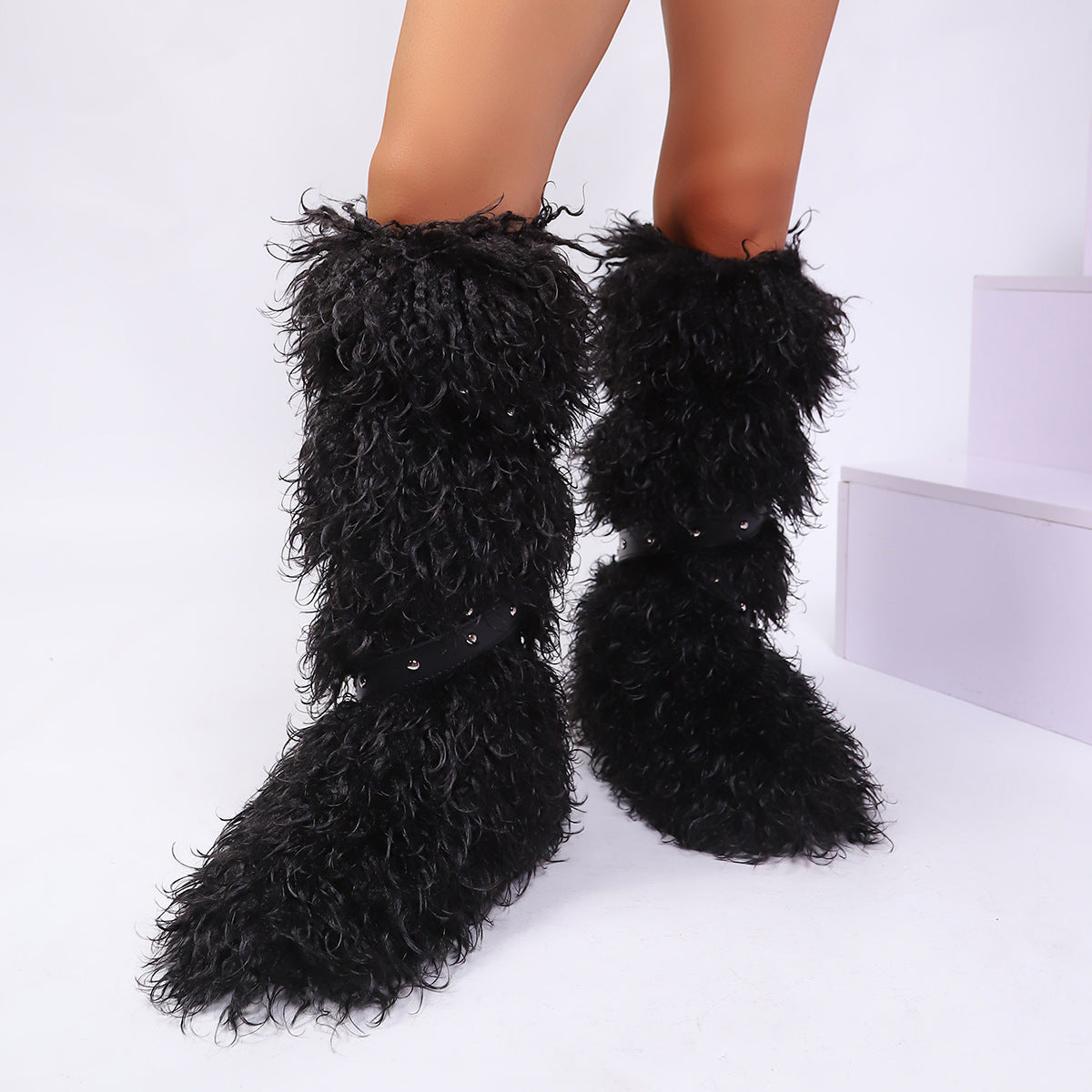 Y2K Mongolian Fur Boots Knee High Shaggy Boots for Women