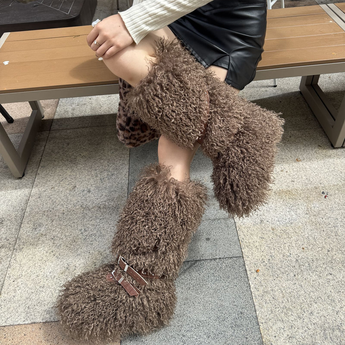 Y2K Mongolian Fur Boots Knee High Shaggy Boots for Women