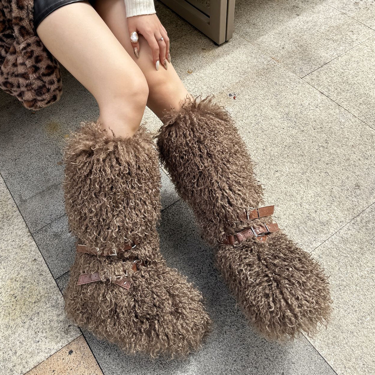 Y2K Mongolian Fur Boots Knee High Shaggy Boots for Women