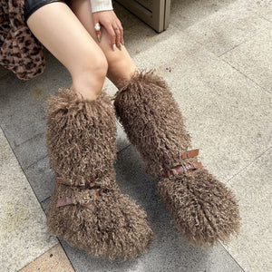 y2k mongolian fur boots knee high shaggy boots for women in white in chocolate brown Alicefurs