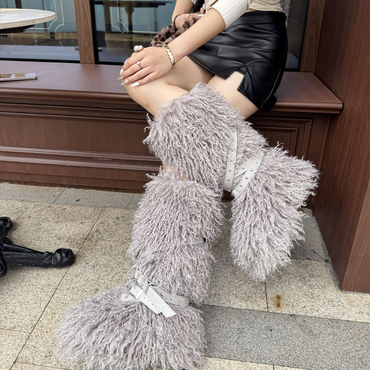 Y2K Mongolian Fur Boots Knee High Shaggy Boots for Women