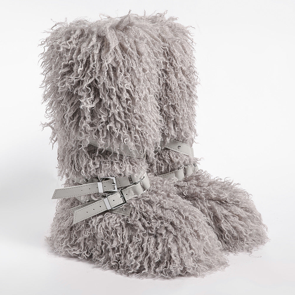 Y2K Mongolian Fur Boots Knee High Shaggy Boots for Women
