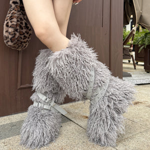 y2k mongolian fur boots knee high shaggy boots for women in white in grey Alicefurs