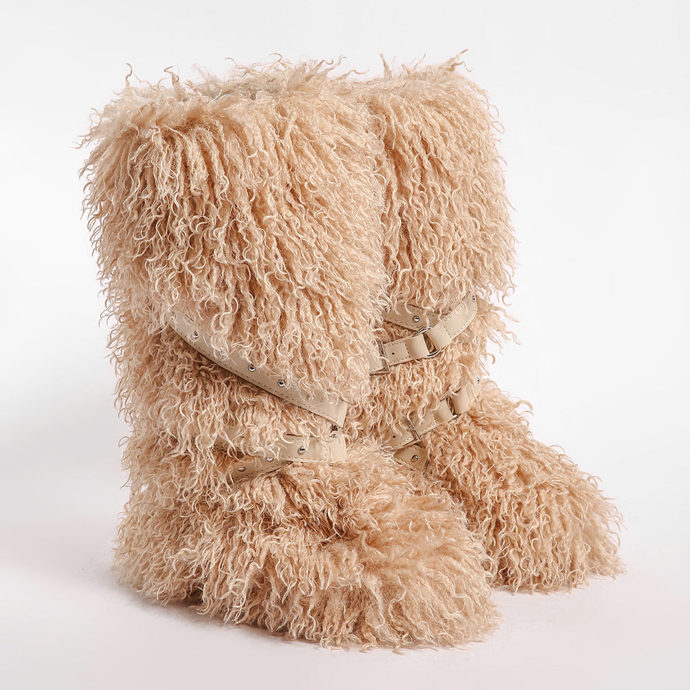 Y2K Mongolian Fur Boots Knee High Shaggy Boots for Women
