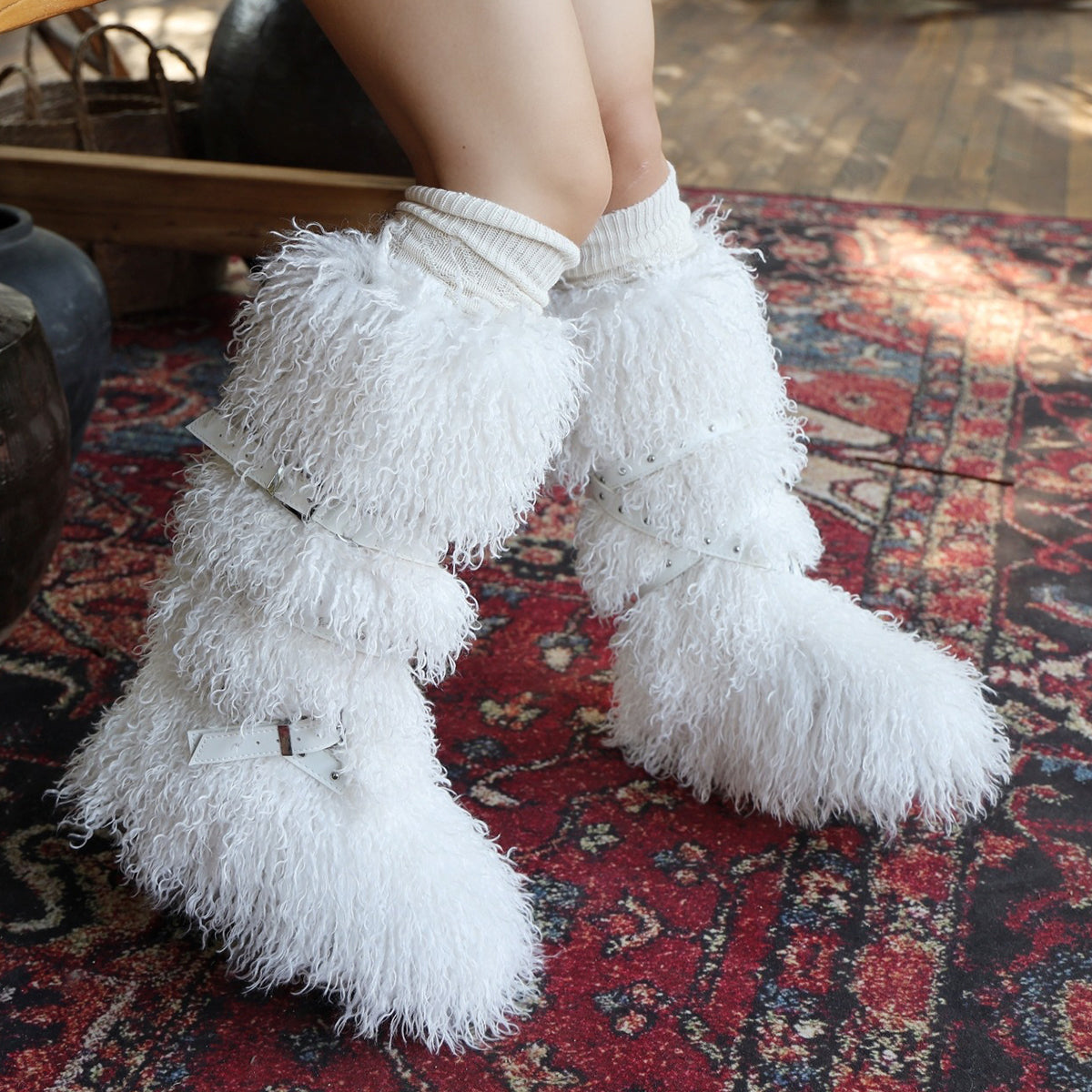 Y2K Mongolian Fur Boots Knee High Shaggy Boots for Women