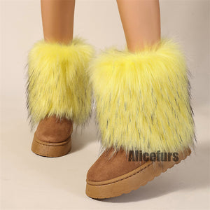 yellow faux fur leg warmer boots in mid calf 1 Alicefurs